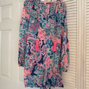 Lilly Pulitzer Willa Tunic Dress in the Indigo Gypsea print with pink tassels